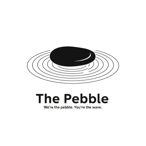 AI Design for Minimal logo for "The Pebble" — a single smooth dark pebble stone, slightly asymmetric like a real river stone, casting ultra-thin concentric ripple rings that fade outward. Black on white. No text in the icon. Negative space plays a role. The pebble itself is solid black, ripples are hairline thin. Almost Japanese ink-art feeling — quiet, precise, intentional. Sans-serif wordmark "The Pebble" in thin weight, wide letter-spacing. Tagline in tiny caps: "We're the pebble. You're the wave."