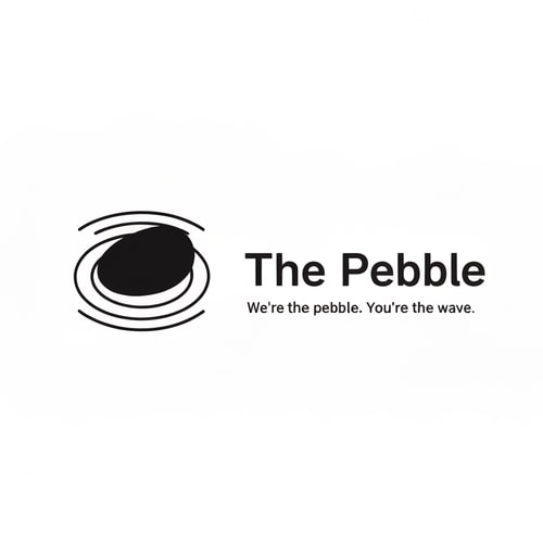 AI Design for Minimalist logo for a web & AI agency called "The Pebble". Icon: a smooth oval/pebble shape with 2-3 concentric elliptical ripple rings around it, like a stone dropped in water. Black and white only. Clean, modern, flat design. No gradients. Wordmark "The Pebble" in a sleek sans-serif font next to the icon. Tagline below: "We're the pebble. You're the wave." Minimal whitespace, professional agency feel.