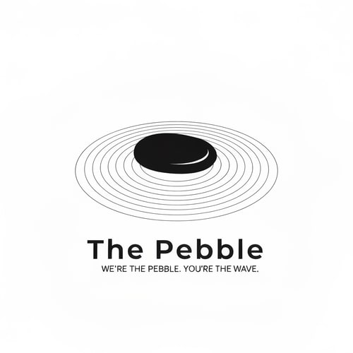 AI Design for Minimal logo for "The Pebble" — a single smooth dark pebble stone, slightly asymmetric like a real river stone, casting ultra-thin concentric ripple rings that fade outward. Black on white. No text in the icon. Negative space plays a role. The pebble itself is solid black, ripples are hairline thin. Almost Japanese ink-art feeling — quiet, precise, intentional. Sans-serif wordmark "The Pebble" in thin weight, wide letter-spacing. Tagline in tiny caps: "We're the pebble. You're the wave."