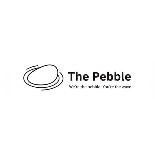AI Design for Minimalist logo for a web & AI agency called "The Pebble". Icon: a smooth oval/pebble shape with 2-3 concentric elliptical ripple rings around it, like a stone dropped in water. Black and white only. Clean, modern, flat design. No gradients. Wordmark "The Pebble" in a sleek sans-serif font next to the icon. Tagline below: "We're the pebble. You're the wave." Minimal whitespace, professional agency feel.