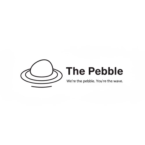AI Design for Minimalist logo for a web & AI agency called "The Pebble". Icon: a smooth oval/pebble shape with 2-3 concentric elliptical ripple rings around it, like a stone dropped in water. Black and white only. Clean, modern, flat design. No gradients. Wordmark "The Pebble" in a sleek sans-serif font next to the icon. Tagline below: "We're the pebble. You're the wave." Minimal whitespace, professional agency feel.