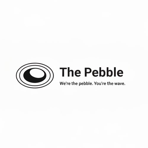 AI Design for Minimalist logo for a web & AI agency called "The Pebble". Icon: a smooth oval/pebble shape with 2-3 concentric elliptical ripple rings around it, like a stone dropped in water. Black and white only. Clean, modern, flat design. No gradients. Wordmark "The Pebble" in a sleek sans-serif font next to the icon. Tagline below: "We're the pebble. You're the wave." Minimal whitespace, professional agency feel. be a little spontaneous