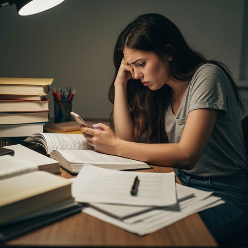 AI Design for Student looking stressed / tired
Messy desk, books everywhere
Checking phone while studying