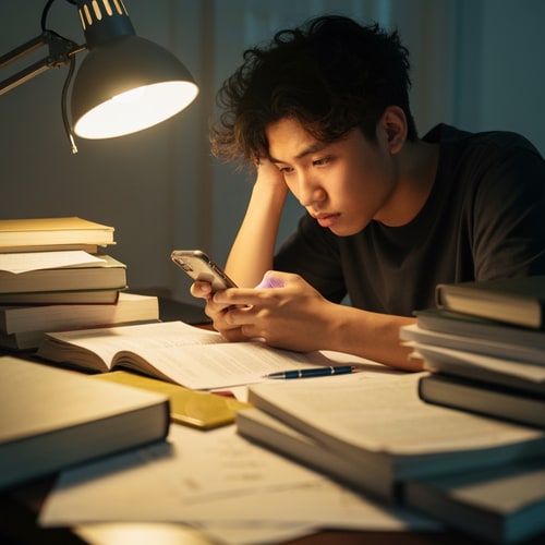 AI Design for Student looking stressed / tired
Messy desk, books everywhere
Checking phone while studying