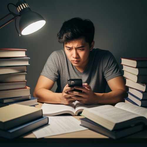 AI Design for Student looking stressed / tired
Messy desk, books everywhere
Checking phone while studying
