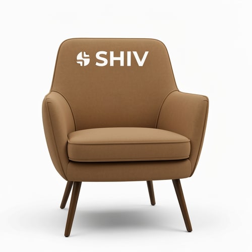 AI Design for in this image make that chair in H in light brown color and keep chair in graphics as it is just change tha color in #d4cabc and SHIV font color in #50311d