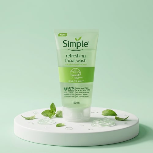 AI Design for Simple Refreshing Facial Wash standing vertically on a soft matte white circular pedestal, surrounded by delicate green leaves and translucent aloe gel textures arranged neatly, soft natural lighting, pastel mint green monochrome background, subtle water droplets on surface, ultra-clean skincare advertisement style, shallow depth of field, realistic packaging textures, minimal modern composition