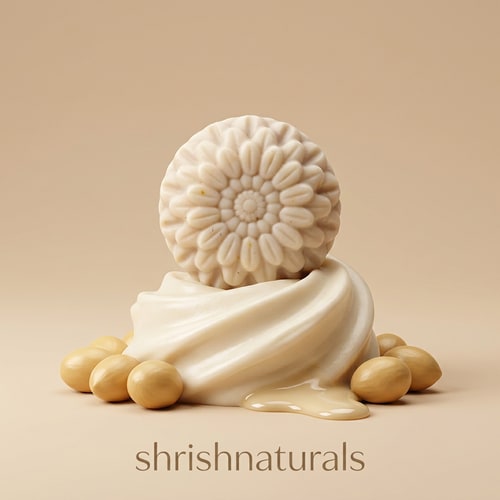 AI Design for 🥇 Prompt 1 — Creamy Luxury Pedestal Style

Shea butter soap bar placed vertically on a smooth creamy whipped shea butter swirl pedestal, surrounded by soft golden shea nuts arranged neatly, glossy melted butter texture flowing slightly from the base, warm beige monochrome background, the word "shrishnaturals" written in elegant lowercase minimal font at the bottom center, soft studio lighting, minimal shadows, luxury skincare advertisement style, hyper-realistic creamy textures, clean minimal composition