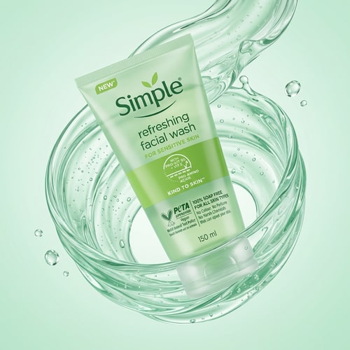 AI Design for Simple Refreshing Facial Wash placed diagonally inside a flowing transparent gel splash, soft mint gel swirling around the tube naturally, smooth fluid motion, pastel green gradient background, glossy reflections, fresh hydration theme, studio lighting, hyper-realistic liquid textures, premium skincare advertisement aesthetic