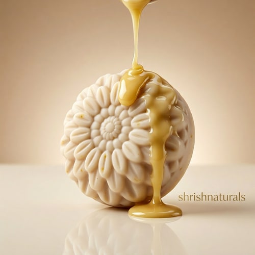 AI Design for 🥇 Melted Butter Drip Concept

Shea butter soap placed at a slight angle on a glossy surface, thick golden melted shea butter dripping slowly from above onto the soap, smooth flowing creamy texture, soft warm beige gradient background, "shrishnaturals" written in stylish modern font subtly on the background surface, premium skincare aesthetic, high contrast highlights, realistic glossy textures, studio lighting, minimal composition