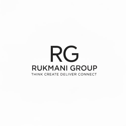 AI Design for Make a logo for name RUKMANI GROUP and it's tagline is THINK CREATE DELIVER CONNECT . Make logo with minimal design philosophy . Make a blend of words R and G.