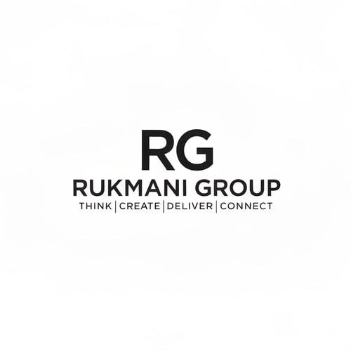 AI Design for Make a logo for name RUKMANI GROUP and it's tagline is THINK CREATE DELIVER CONNECT . Make logo with minimal design philosophy . Make a blend of words R and G.