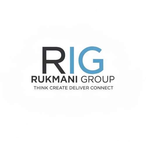 AI Design for Make a logo for name RUKMANI GROUP and it's tagline is THINK CREATE DELIVER CONNECT . Make logo with minimal design philosophy . Make a blend of words R and G.