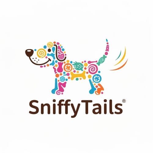 AI Design for I have a brand which sells only dog toys and its accessories the name is SniffyTails so now i want u to make a logo of it with a elemented body with name written below the theme will be friendly and playful use main key word of sniffing nose and wagging tail