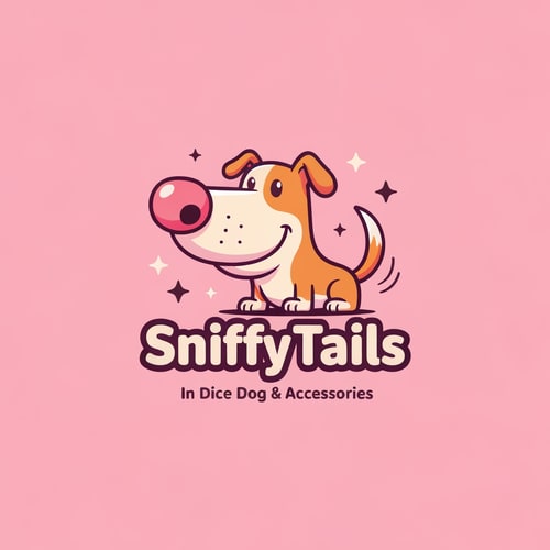 AI Design for I have a brand which sells only dog toys and its accessories the name is SniffyTails so now i want u to make a logo of it with a elemented body with name written below the theme will be friendly and playful use main key word of sniffing nose and wagging tail