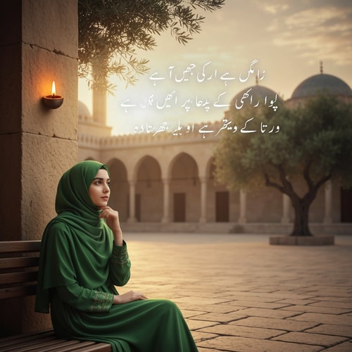 AI Design for Create a vertical 9:16 portrait photograph featuring a young South Asian woman in a green hijab sitting thoughtfully on a wooden bench. The background should be a serene mosque courtyard at sunrise, with blurred ancient stone architecture and olive trees under soft, golden light. Include two simple, flickering oil lamps, one on the wall and one on the stone ground. Add the exact Urdu text in elegant white Jameel Noori Nastaleeq script in the upper-middle of the image in two lines: 'انسان کا نصیب اتنا ہی ہے جتنا اس نے اپنے رب پر توکل کیا' and 'کیونکہ اللہ وہاں مایوس نہیں کرتا جہاں اس سے امید رکھی ہو'. Ensure there are absolutely no external watermarks, logos (such as a 'G' logo), or interface elements."