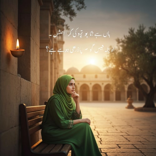 AI Design for Create a vertical 9:16 portrait photograph featuring a young South Asian woman in a green hijab sitting thoughtfully on a wooden bench. The background should be a serene mosque courtyard at sunrise, with blurred ancient stone architecture and olive trees under soft, golden light. Include two simple, flickering oil lamps, one on the wall and one on the stone ground. Add the exact Urdu text in elegant white Jameel Noori Nastaleeq script in the upper-middle of the image in two lines: 'انسان کا نصیب اتنا ہی ہے جتنا اس نے اپنے رب پر توکل کیا' and 'کیونکہ اللہ وہاں مایوس نہیں کرتا جہاں اس سے امید رکھی ہو'. Ensure there are absolutely no external watermarks, logos (such as a 'G' logo), or interface elements."in urdu