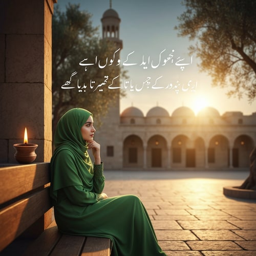 AI Design for Create a vertical 9:16 portrait photograph featuring a young South Asian woman in a green hijab sitting thoughtfully on a wooden bench. The background should be a serene mosque courtyard at sunrise, with blurred ancient stone architecture and olive trees under soft, golden light. Include two simple, flickering oil lamps, one on the wall and one on the stone ground. Add the exact Urdu text in elegant white Jameel Noori Nastaleeq script in the upper-middle of the image in two lines: 'انسان کا نصیب اتنا ہی ہے جتنا اس نے اپنے رب پر توکل کیا' and 'کیونکہ اللہ وہاں مایوس نہیں کرتا جہاں اس سے امید رکھی ہو'. Ensure there are absolutely no external watermarks, logos (such as a 'G' logo), or interface elements."in urdu