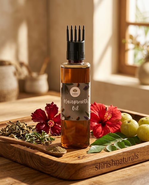 AI Design for Wooden Ayurveda Tray Concept

Hair growth oil bottle placed on a natural wooden tray with traditional herbal ingredients like dried herbs, hibiscus flowers, and curry leaves around it, warm sunlight coming from one side, earthy tones, realistic natural textures, "shrishnaturals" engraved subtly on the wooden tray, premium ayurvedic product advertisement look