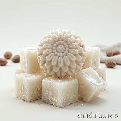 AI Design for Frosted Butter Cube Concept (Premium Look)

Shea butter soap placed on translucent creamy butter cubes with soft condensation droplets, glossy reflections on surface, cool beige lighting tone, minimal gradient background, "shrishnaturals" written in elegant thin font at the lower right corner, premium skincare advertisement look, sharp realistic textures