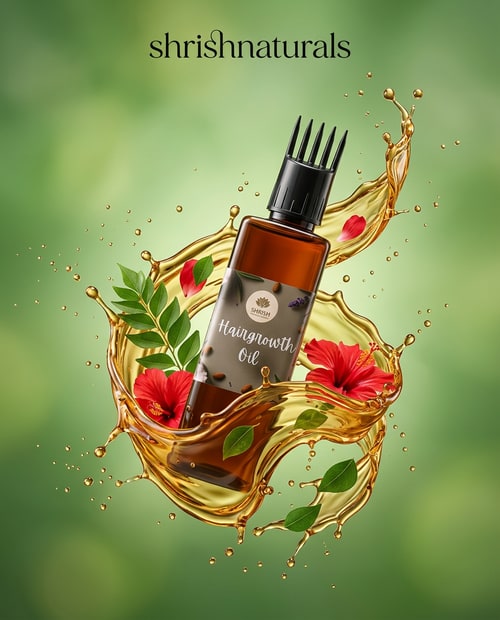 AI Design for Floating Herbal Splash Concept

Hair growth oil bottle floating diagonally in mid-air surrounded by swirling oil splash and floating herbal ingredients like hibiscus petals and curry leaves, oil droplets frozen in motion, soft gradient green background, "shrishnaturals" written at the top center in elegant font, premium skincare visual style, hyper-realistic textures