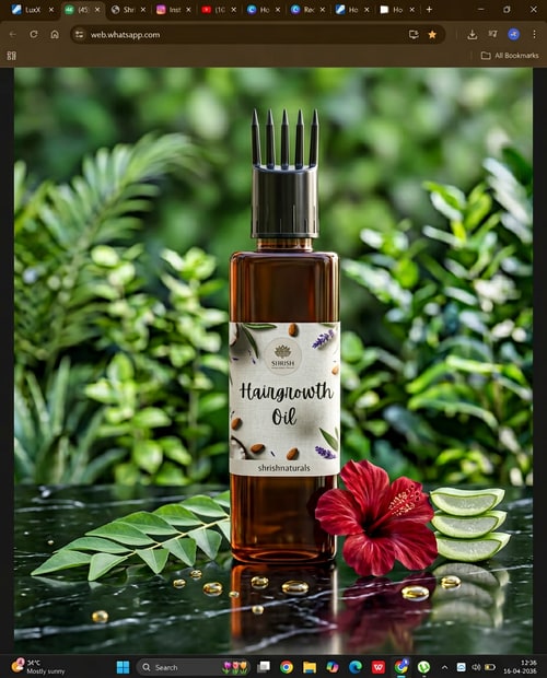 AI Design for Herbal Ingredient Luxury Concept

Hair growth oil bottle placed vertically on a glossy surface surrounded by fresh curry leaves, hibiscus flowers, and aloe vera slices arranged neatly, golden oil droplets visible on the surface, soft natural lighting, herbal green monochrome background, the word "shrishnaturals" written in elegant lowercase font at the bottom center, premium ayurvedic skincare advertisement style, realistic textures, clean minimal composition