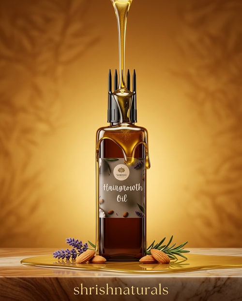 AI Design for Golden Oil Pour Concept (Very Premium)

Hair growth oil bottle placed at the center while thick golden oil is being poured from above in a smooth flowing stream, glossy reflections on bottle surface, warm golden gradient background, realistic oil texture shine, "shrishnaturals" written in modern minimal font near the bottom, luxury herbal product advertisement style, studio lighting, high contrast highlights