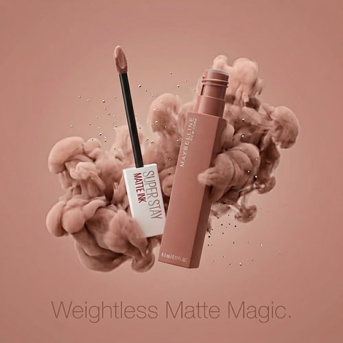 AI Design for “Floating Beauty Shot
Prompt:
Lipstick and applicator floating mid-air with soft nude smoke clouds, subtle particles, same tone background, dreamy aesthetic, ultra clean beauty ad style
Text:
“Weightless Matte Magic.”