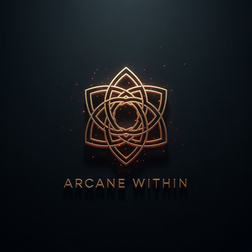 AI Design for A minimalist, high-contrast logo for a YouTube channel called 'Arcane Within'. The design features a stylized, glowing geometric emblem representing inner strength and discipline, centered against a dark, moody, charcoal-textured background. Use a color palette of deep obsidian, metallic gold, and subtle embers of light. The style is professional, mysterious, and modern, suitable for a motivational brand. 4k resolution, clean lines, cinematic lighting."