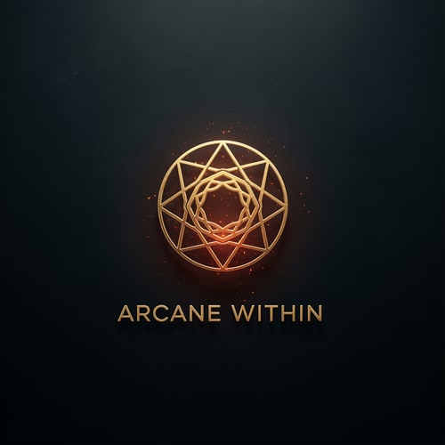 AI Design for A minimalist, high-contrast logo for a YouTube channel called 'Arcane Within'. The design features a stylized, glowing geometric emblem representing inner strength and discipline, centered against a dark, moody, charcoal-textured background. Use a color palette of deep obsidian, metallic gold, and subtle embers of light. The style is professional, mysterious, and modern, suitable for a motivational brand. 4k resolution, clean lines, cinematic lighting."