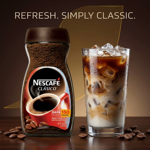 AI Design for Ice Coffee Refresh Concept

Nescafé coffee powder jar placed beside a glass of iced coffee filled with ice cubes and coffee layers, condensation droplets visible on glass surface, roasted coffee beans placed around, cool brown gradient background, fresh modern beverage advertisement style, sharp realistic textures