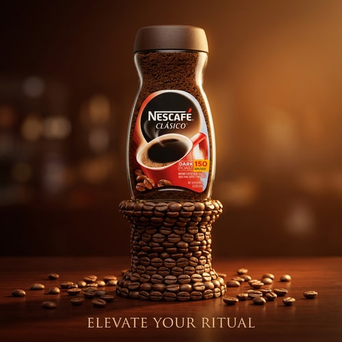 AI Design for Coffee Beans Luxury Pedestal

Nestlé coffee powder jar placed vertically on a pedestal made entirely of roasted coffee beans stacked neatly, scattered beans around the base, warm golden lighting, soft shadows, rich brown gradient background, premium café advertisement aesthetic, realistic roasted coffee bean textures