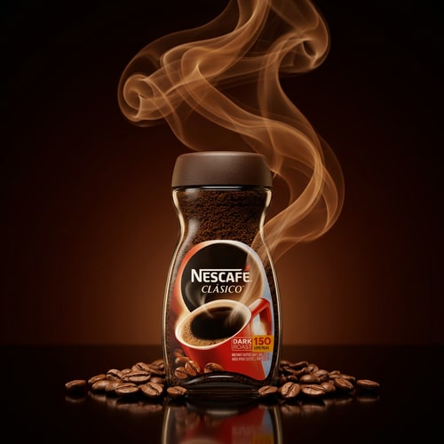 AI Design for Coffee Aroma Smoke Concept (Very Premium)

Prompt:

Nescafé coffee powder jar placed on a glossy dark surface with soft coffee-colored smoke swirling upward forming elegant flowing shapes, roasted coffee beans arranged neatly around the base, warm spotlight lighting focused on the jar, deep rich brown background with subtle gradient, realistic steam and aroma effect, cinematic luxury coffee advertisement style, hyper-realistic textures, clean minimal composition