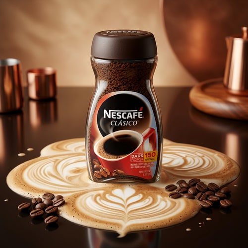 AI Design for Creamy Coffee Swirl Concept

Nescafé coffee powder jar placed on a glossy surface with creamy milk swirl flowing around the base forming artistic patterns, coffee beans scattered near the jar, warm beige and brown gradient background, soft diffused lighting, premium café-style visual aesthetic