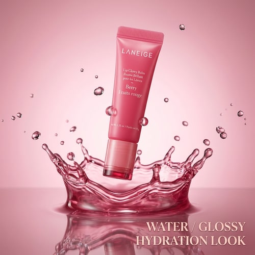 AI Design for Use the exact product image of Laneige Lip Glowy Balm Berry. Do not change packaging, logo, or color. Maintain original branding and text clarity. High-end luxury beauty campaign, soft studio lighting, ultra-realistic, macro photography, shallow depth of field.”WATER / GLOSSY HYDRATION LOOK

Prompt:
“Place the Laneige Lip Glowy Balm Berry floating in a splash of glossy pink liquid. Water droplets suspended mid-air, reflective surface, glowing hydration effect, glassy aesthetic, soft gradient pink background, ultra-luxury skincare campaign.”