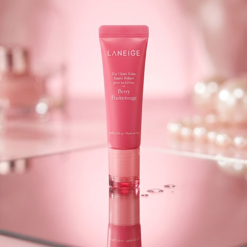 AI Design for Use the exact product image of Laneige Lip Glowy Balm Berry. Do not change packaging, logo, or color. Maintain original branding and text clarity. High-end luxury beauty campaign, soft studio lighting, ultra-realistic, macro photography, shallow depth of field.”Place the Laneige Lip Glowy Balm Berry on a reflective mirror surface. Strong reflection visible below. Soft pink spotlight lighting, minimal background, premium editorial beauty shoot style.”