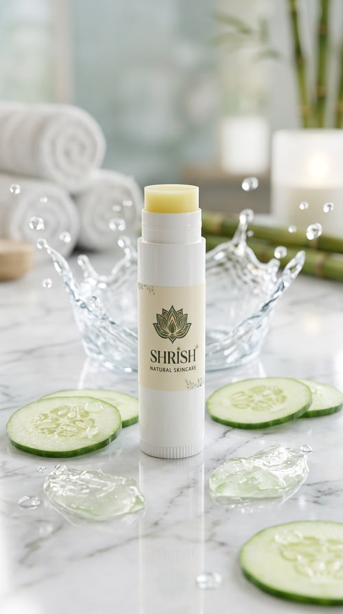 AI Design for Create an ultra luxury skincare campaign image featuring SHRISH lip balm surrounded by cucumber slices, aloe vera gel, and water splashes.

IMPORTANT:
– Keep exact same product packaging and label
– Product should remain realistic

Scene:
Lip balm displayed on glossy marble surface with cucumber slices, aloe vera texture, transparent water splashes, spa aesthetic background, soft luxury lighting, clean skincare commercial vibe, hyper realistic beauty photography.