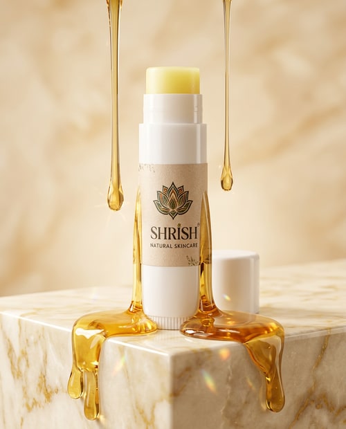 AI Design for 1. GOLDEN HONEY DRIP

Create a luxury skincare product advertisement of SHRISH Natural Skincare lip balm surrounded by glossy honey-like transparent liquid drips.

IMPORTANT:
– Keep exact same lip balm packaging, label, logo, typography, and lemon-yellow balm shade
– No redesign or text changes

Scene:
Lip balm standing on glossy marble platform with golden transparent liquid dripping around it. Soft warm lighting, creamy beige background, luxury skincare aesthetic, macro beauty photography, hyper realistic, elegant reflections, premium commercial style.