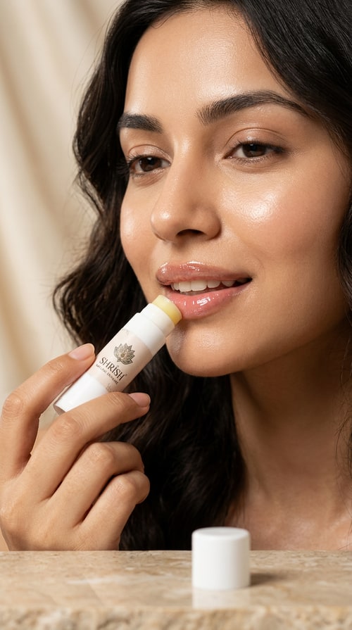 AI Design for 6. MODEL APPLYING LIP BALM

Create a luxury skincare campaign featuring an Indian fair skin tone female model applying SHRISH lip balm.

IMPORTANT:
– Lip balm appears lemon-yellow in tube but transparent glossy on lips
– Keep packaging exact same

Scene:
Close-up beauty shot of model smiling softly while applying balm. Glossy hydrated lips, dewy skin, soft beige luxury studio background, elegant skincare advertisement, cinematic lighting, hyper realistic.