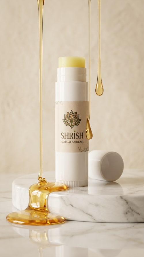 AI Design for 1. GOLDEN HONEY DRIP

Create a luxury skincare product advertisement of SHRISH Natural Skincare lip balm surrounded by glossy honey-like transparent liquid drips.

IMPORTANT:
– Keep exact same lip balm packaging, label, logo, typography, and lemon-yellow balm shade
– No redesign or text changes

Scene:
Lip balm standing on glossy marble platform with golden transparent liquid dripping around it. Soft warm lighting, creamy beige background, luxury skincare aesthetic, macro beauty photography, hyper realistic, elegant reflections, premium commercial style.