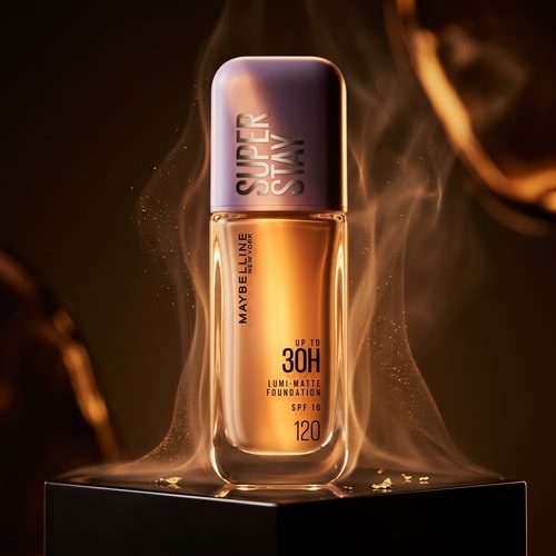 AI Design for Long-Lasting Concept (Heat Glow)
“Create a bold luxury ad representing long-lasting power of Maybelline Super Stay Foundation.
Warm glowing light, subtle heat waves around product.
Strong shadows, high contrast lighting, premium dramatic look.
Clean background, cinematic feel.”