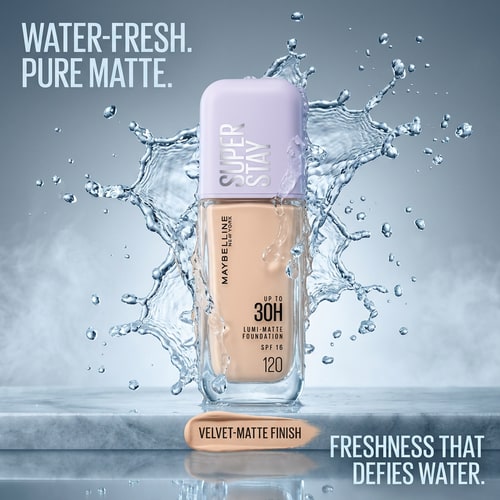 AI Design for Water + Matte Contrast
“Create a luxury ad showing Maybelline Super Stay Foundation surrounded by water splashes.
Contrast between water freshness and matte foundation finish.
Cool lighting, clean background, hyper-realistic droplets frozen in motion.
Cinematic, high-end beauty campaign.”