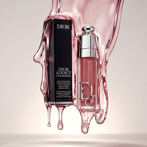 AI Design for Luxury Dior lip gloss suspended mid-air with thick glossy liquid glass dripping around it, transparent pink gel texture, ultra reflective surface, soft studio lighting, minimal background, high-end beauty campaign, macro shot, cinematic glow

IMPORTANT: Keep Dior packaging EXACT, do not change logo, text, font, shape, or color.