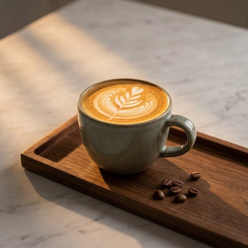 AI Design for A slightly distant view of a ceramic mug in muted gray-green color with a handle, filled with latte coffee featuring detailed latte art in the shape of a leaf or flower on the milk foam. The mug is placed on a dark wooden tray with clean straight edges and smooth texture. A few coffee beans are scattered nearby for detail. The background is simple, a clean white-gray marble surface without any additional objects. Warm golden sunset light with soft rays creates a cozy glow, casting gentle elongated shadows across the marble and highlighting the textures of wood, ceramic, and foam. Cozy and calm atmosphere, aesthetic coffee photography”