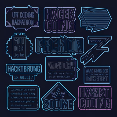 AI Design for i need coding stickers for hackathon
the text shld be in english only
it shld hve like the sticker's outline 
it shld be hackerish-coderish vibe dark