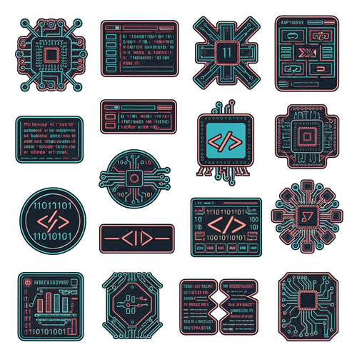 AI Design for i need coding stickers for hackathon
english only
it shld hve like the sticker's outline 
it shld be hackerish-coderish vibe dark