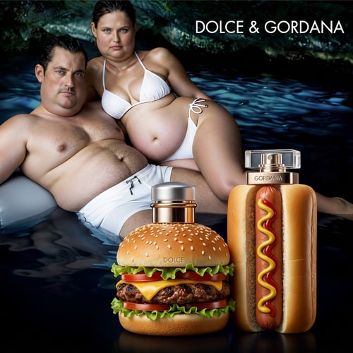 AI Design for en esta imagen haz que la cara de la chica sea gorda y las colonias de abajo cambialas a que una sea una hamburguesa y otra un perrito caliente con forma de la colonia y no cambies nada mas