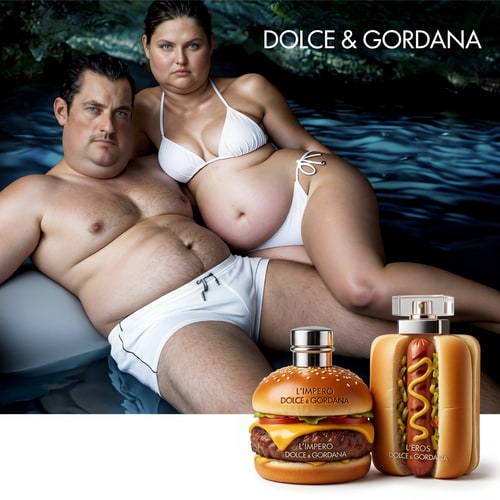 AI Design for en esta imagen haz que la cara de la chica sea gorda y las colonias de abajo cambialas a que una sea una hamburguesa y otra un perrito caliente con forma de la colonia y no cambies nada mas