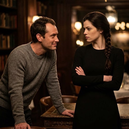 AI Design for Make both characters stare at each other. The man should look modern, with a jumper and looks at her with a smirk. She is serious, with a long braid and an elegant black dress and has her arms crossed over her chest.