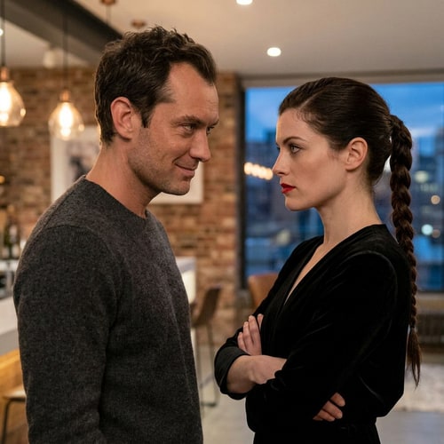 AI Design for Make both characters stare at each other. The man should look modern, with a jumper and looks at her with a smirk. She is serious, with a long braid and an elegant black dress and has her arms crossed over her chest.